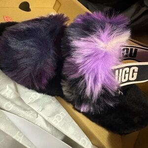 UGG Black and Purple Fluffy Slippers